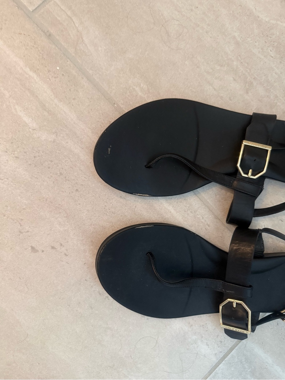Cole Haan Black Leather Toe-Loop Sandals with Gold Buckles